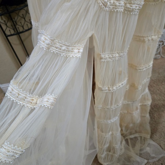 Pregnancy Photoshoot Maxi Dress Cream Boho Tulle Lace Tiered Wedding Gown 70s - Picture 9 of 12
